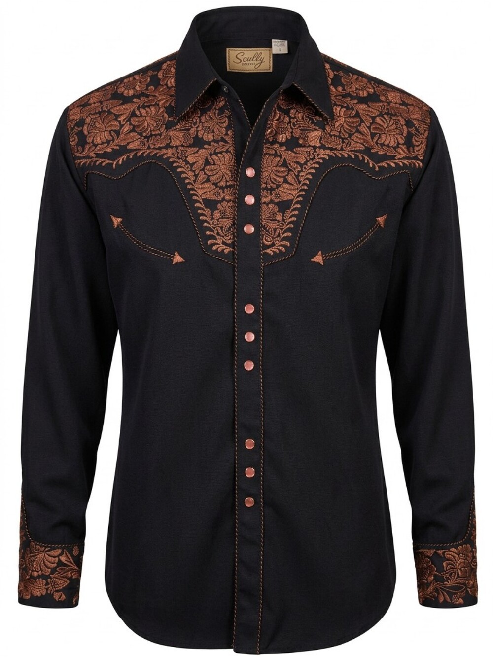 Scully Mens Western Shirt L Black Copper Gunfighter Floral Embroidered